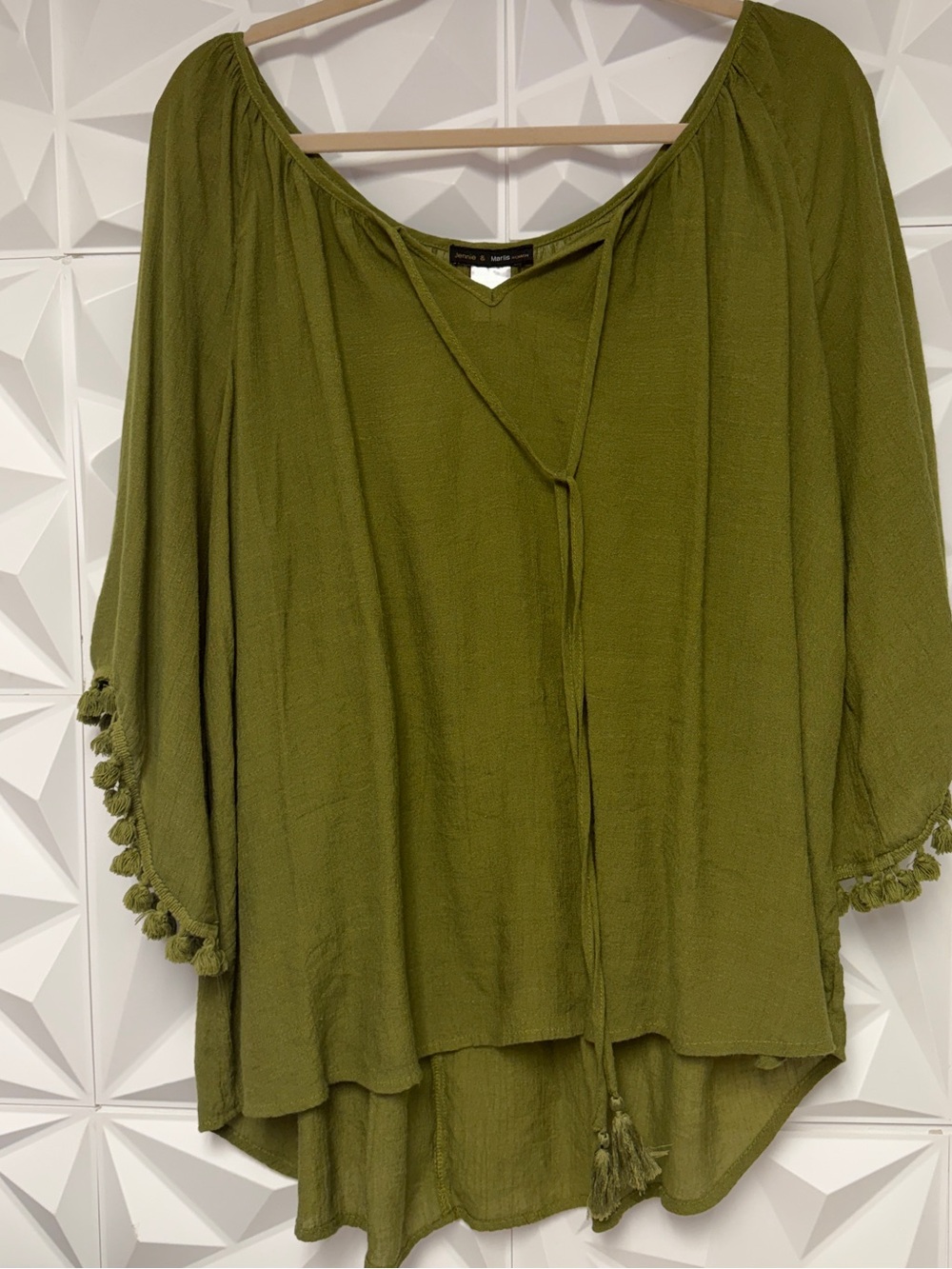 Jennie & Marlis Olive Green Tassel Peasant Top